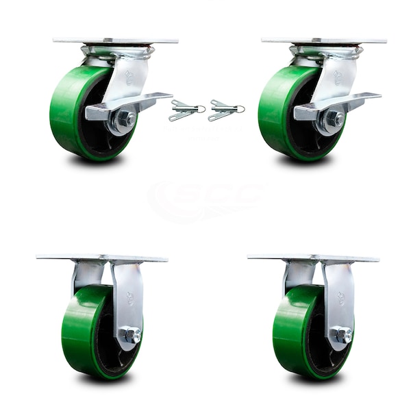 Service Caster 5 Inch Green Poly on Cast Iron Caster Brakes/Swivel Locks and 2 Rigid SCC, 2PK SCC-35S520-PUB-GB-SLB-BSL-2-R-2 - main